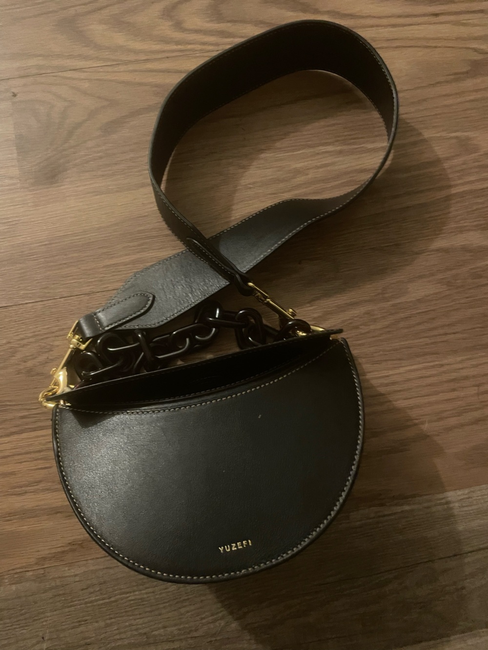 Yuzefi Black Half-Moon Leather Crossbody with Gold Hardware